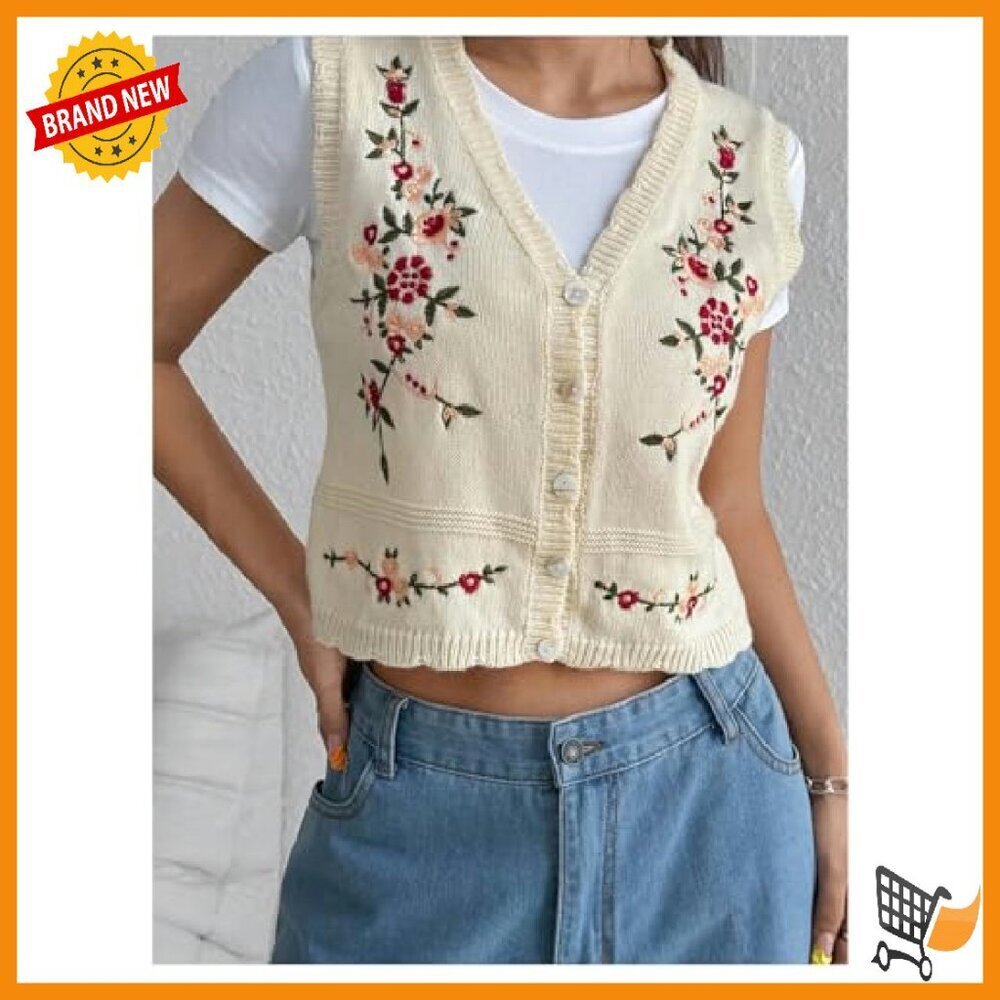 Women's Boho Flower Embroidered V-Neck Sleeveless Cardigan Vest Size Small - Picture 5 of 8
